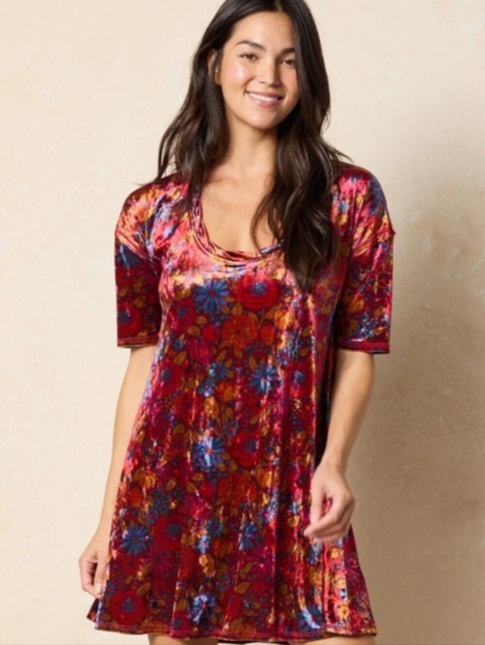 NATURAL LIFE Large Velvet Red and Blue Floral Scoop Neck Tunic